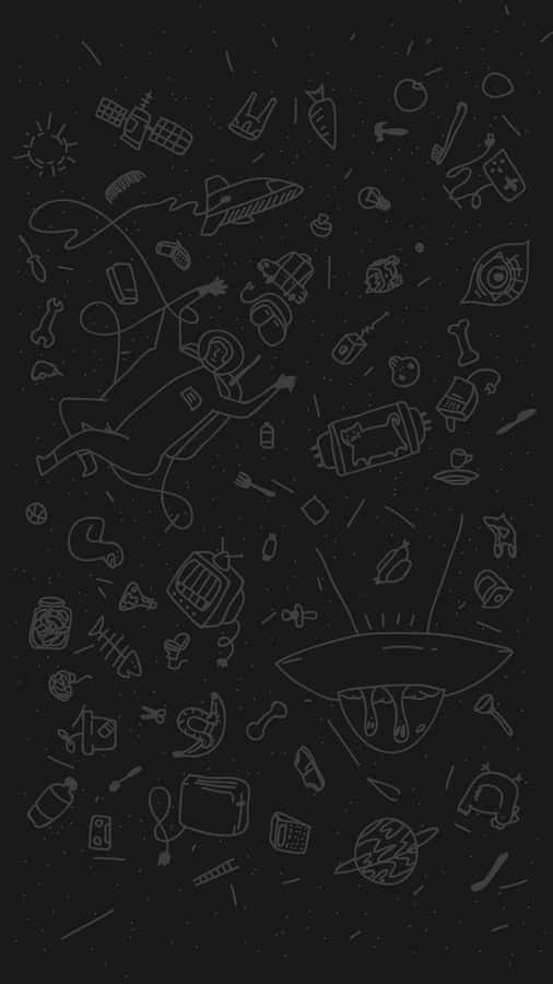 A Black Background With A Spaceship And Other Objects Wallpaper