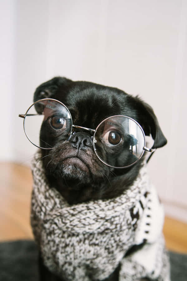 A Black Pug Wearing Glasses Wallpaper