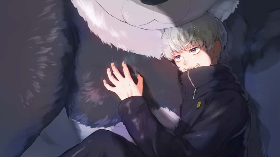 A Boy Is Hugging A Wolf Wallpaper