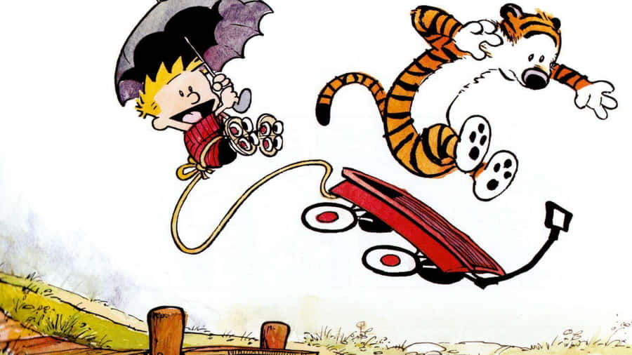 A Cartoon Of A Tiger And A Boy Jumping Over A Railing Wallpaper