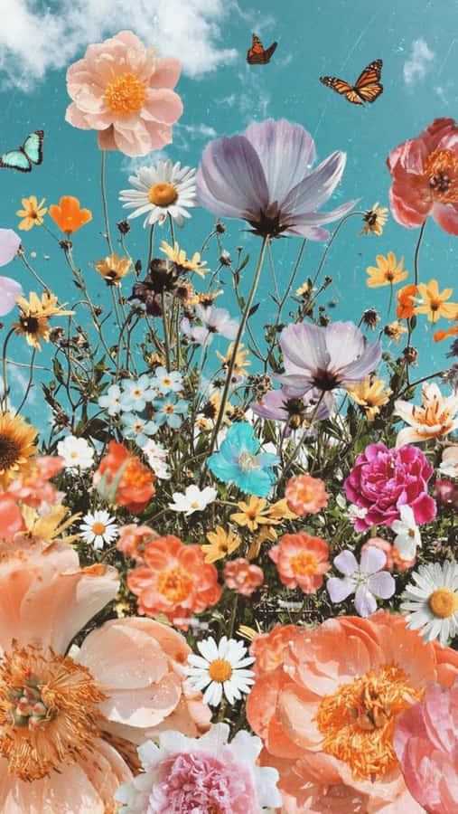 A Collage Of Flowers With Butterflies And Butterflies Wallpaper
