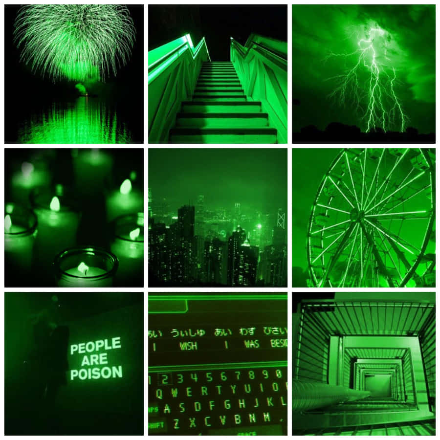 A Collage Of Green Images With A Clock And A Fire Wallpaper