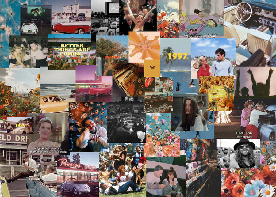 A Collage Of Photos Of People And Cars Wallpaper