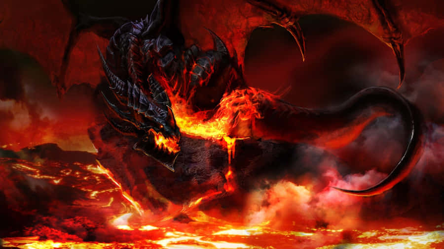 A Dragon Is Flying In The Air With Flames Wallpaper