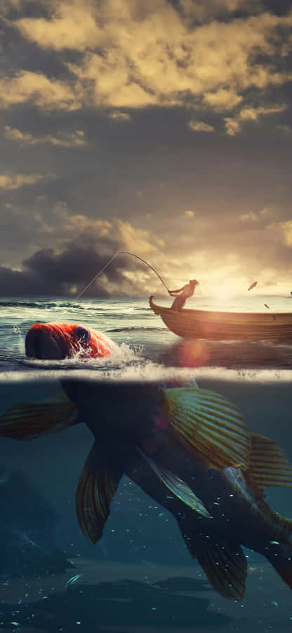 A Fish Swimming In The Water With A Boat Wallpaper