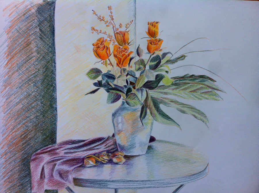 A Girl With A Pencil Drawing A Flower Wallpaper