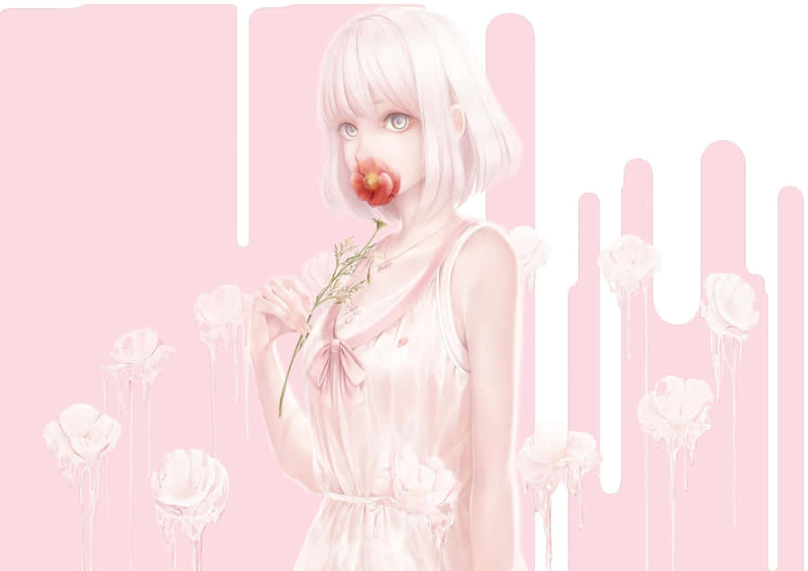 A Girl With White Hair And Pink Flowers Wallpaper