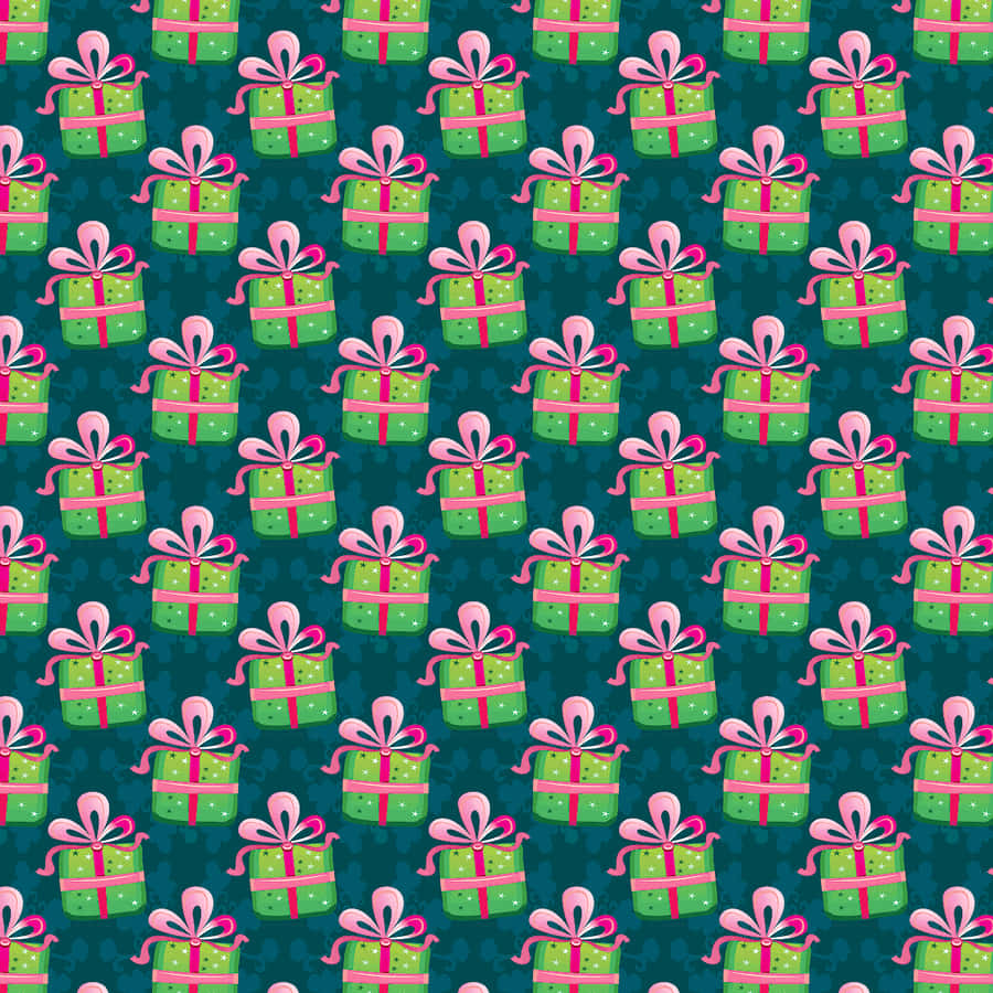 A Green And Pink Pattern With Presents On It Wallpaper