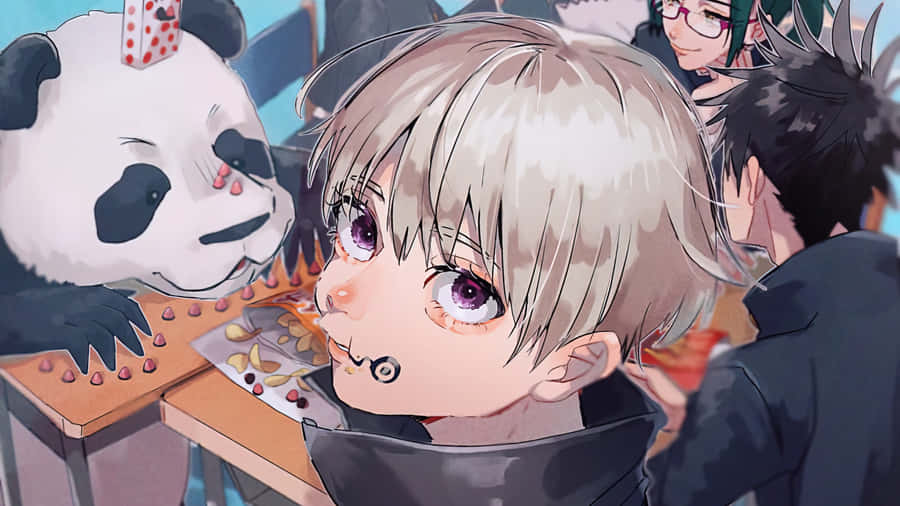 A Group Of People With Pandas And A Table Wallpaper
