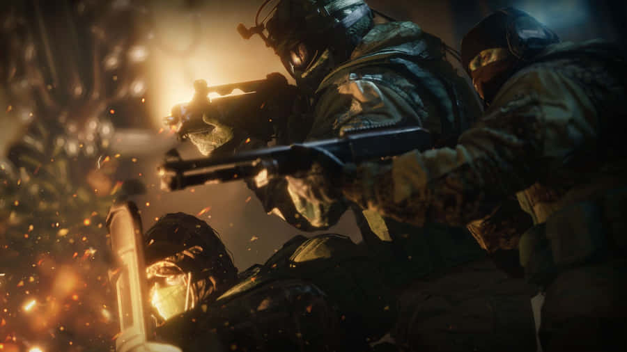 A Group Of Soldiers Are Holding Guns In Front Of A Fire Wallpaper