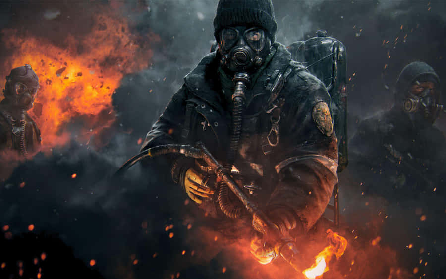 A Group Of Soldiers With Guns And Gas Masks Wallpaper