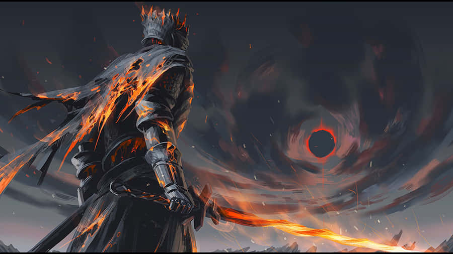 A Man Holding A Sword In Front Of A Fire Wallpaper