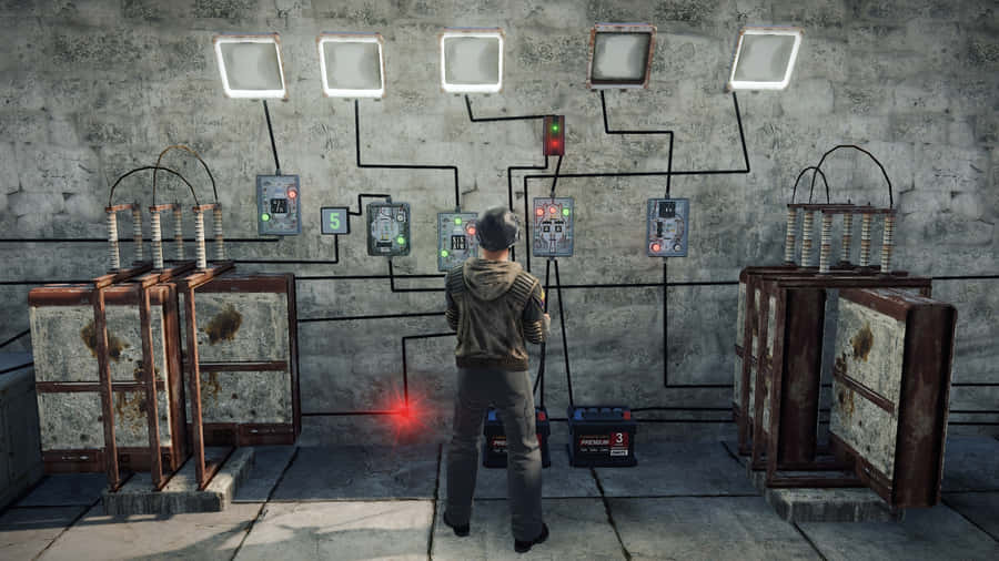 A Man Is Standing In Front Of A Room With Many Electrical Devices Wallpaper