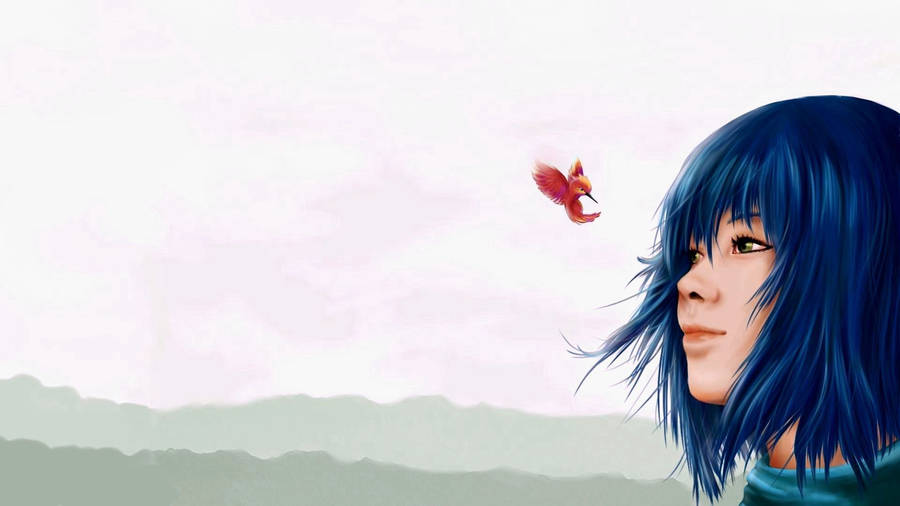 A Mysterious Anime Girl Enjoying A Mesmerizing Blue Sunset. Wallpaper
