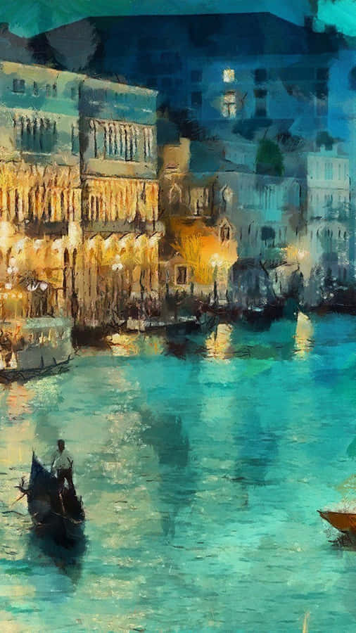 A Painting Of A Canal With Boats And Buildings Wallpaper