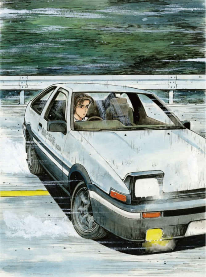 A Painting Of A Car Driving Down The Road Wallpaper