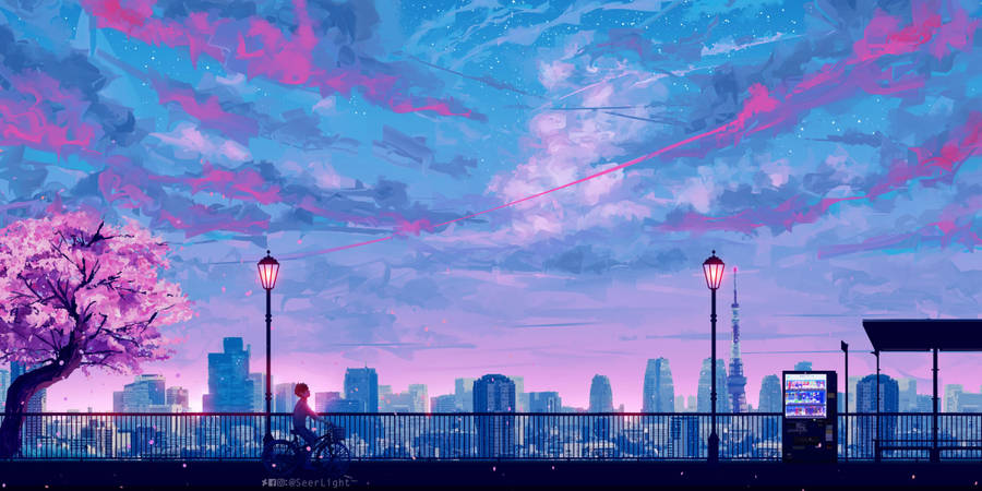 A Painting Of A City With A Pink Sky And Trees Wallpaper