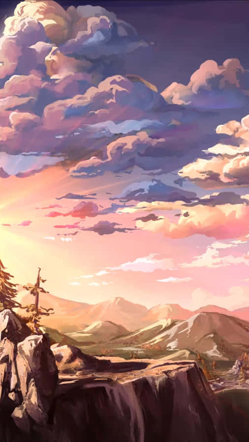 A Painting Of A Sunset Over A Mountain Wallpaper