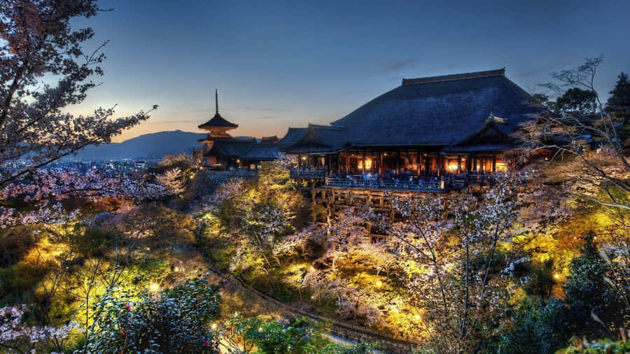 A Temple Lit Up At Night With Cherry Blossoms Wallpaper