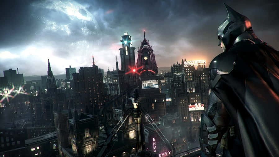 A View Of The Iconic Bat Signal Shining Across Batman City Wallpaper
