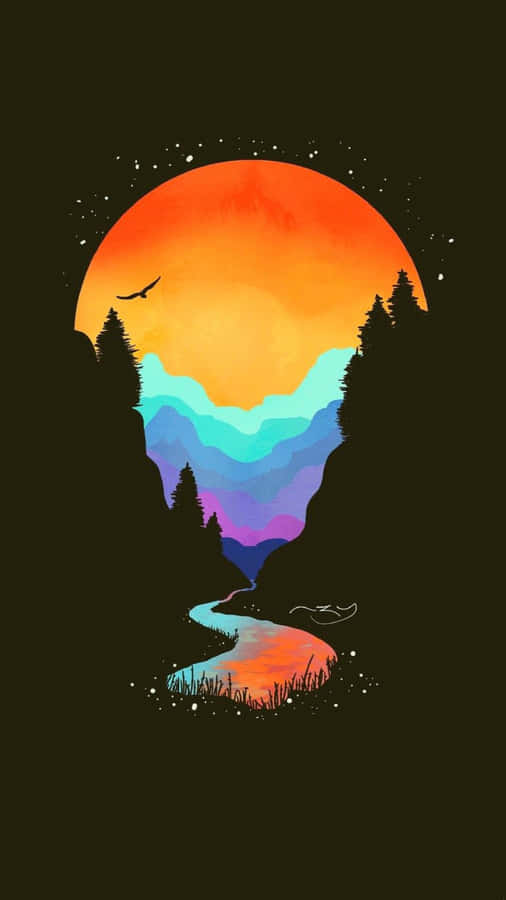 A Watercolor Illustration Of A River And Mountains Wallpaper