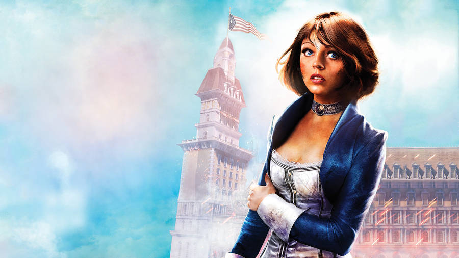 A Woman In A Blue Dress Standing In Front Of A Clock Tower Wallpaper