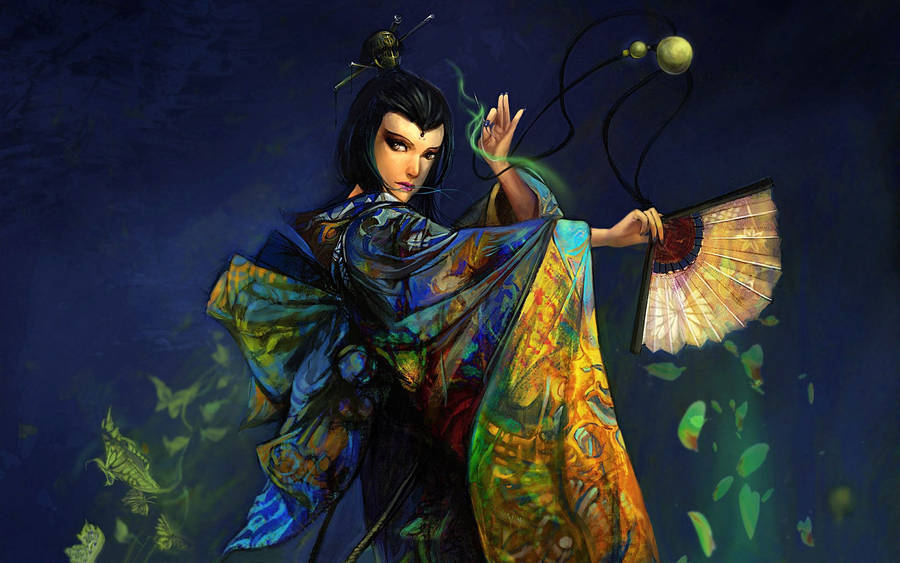 A Young Beautiful Woman Dances In A Traditional Japanese Kimono. Wallpaper