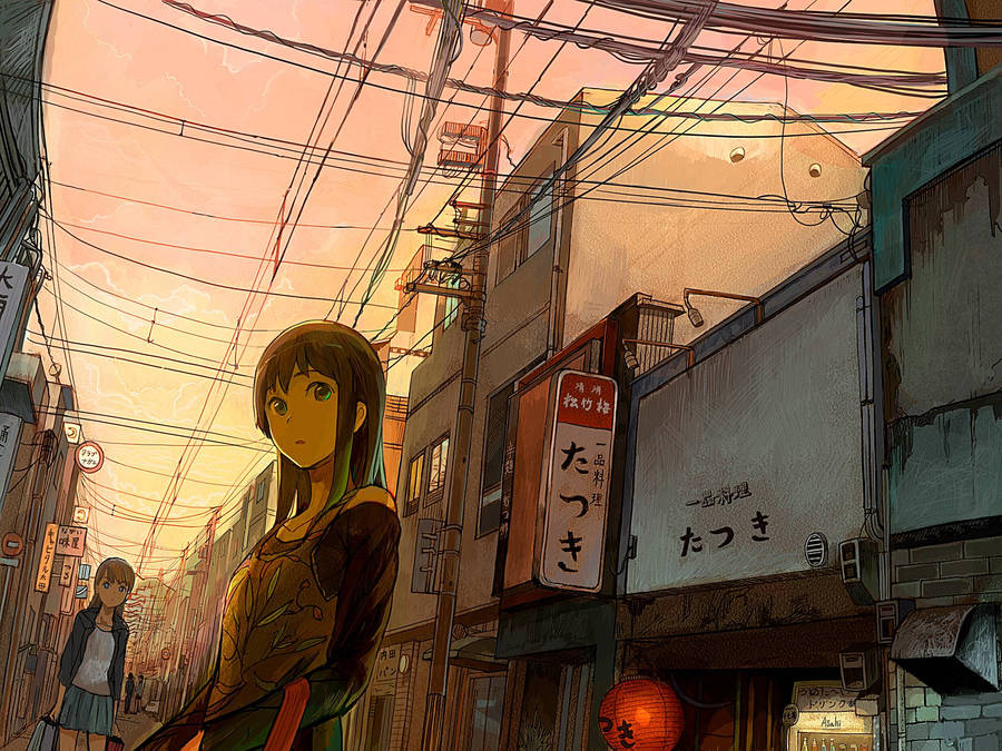 A Young Japanese Anime Girl Looking Up To The Sky Wallpaper