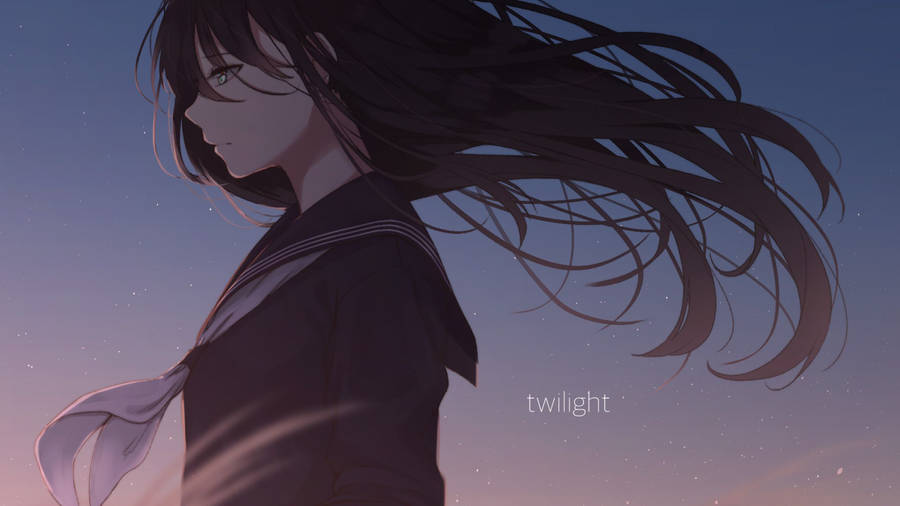 Aesthetic Anime Desktop Schoolgirl With Blowing Hair Wallpaper