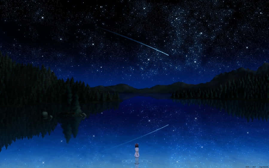 Aesthetic Shooting Star Over A Lake Laptop Wallpaper