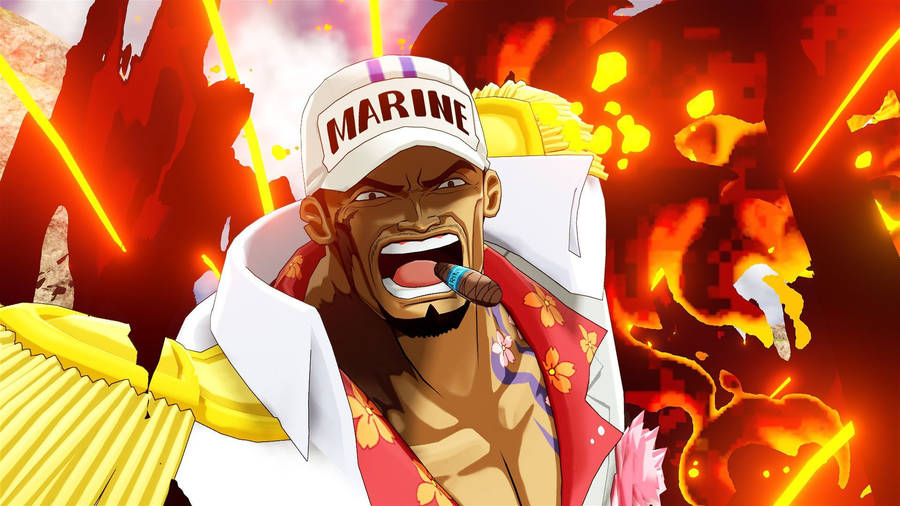 satomaru31000, sakazuki (akainu), one piece, highres, 1boy, angry, attack,  black hair, chest tattoo, clenched teeth, devil fruit, fangs, fire, formal,  lava, looking at viewer, manly, military, military uniform, muscular,  pectorals, punching, serious,