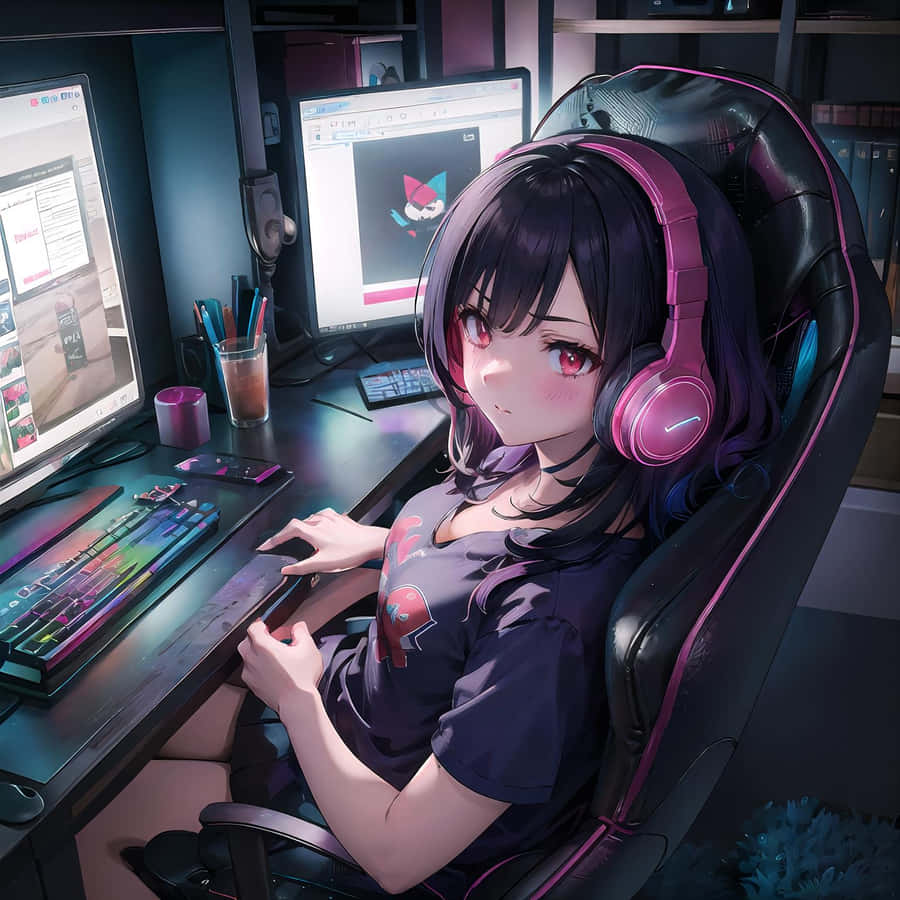 Download Free Anime Gamer Girlin Illuminated Room Wallpaper Download Free Anime Gamer Girlin Illuminated Room Wallpaper