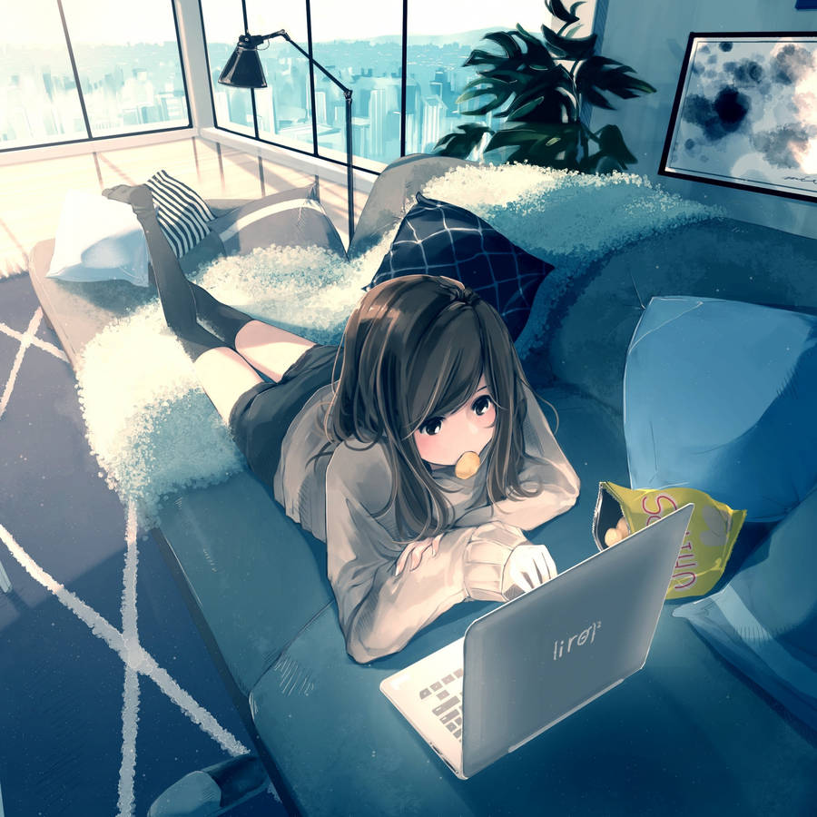 Download free Anime Girl Lies Down Working On Her Laptop Wallpaper -  MrWallpaper.com