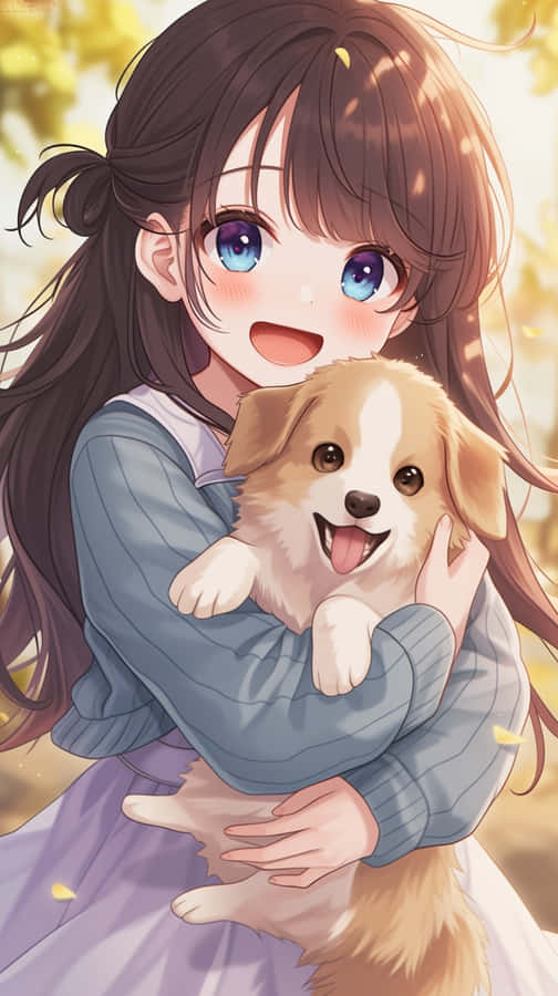Anime Girland Happy Puppy Wallpaper