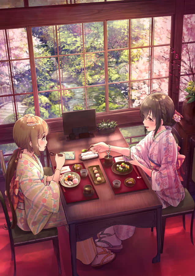Anime Girls At A Cafe Wallpaper