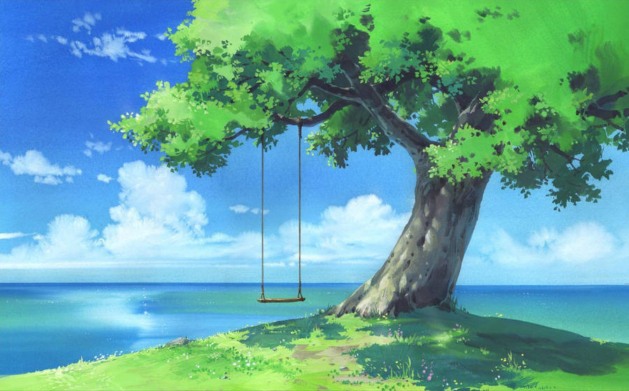 Anime Scenery Beach Swing Wallpaper