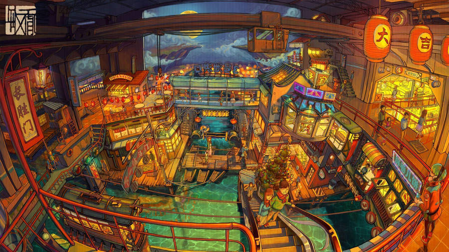 Anime Scenery Floating Shops Wallpaper