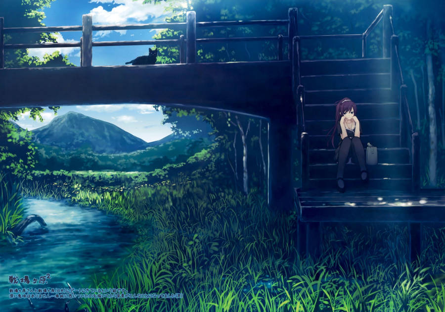 Anime Scenery Riverbank Stairs Wallpaper