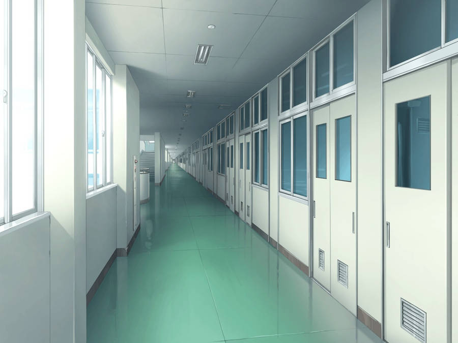 Anime School Scenery Green Hallway Wallpaper