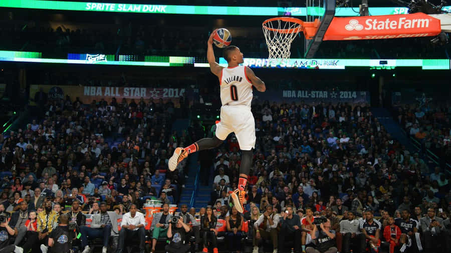 Basketball Player Mid Air Dunk Performance Wallpaper