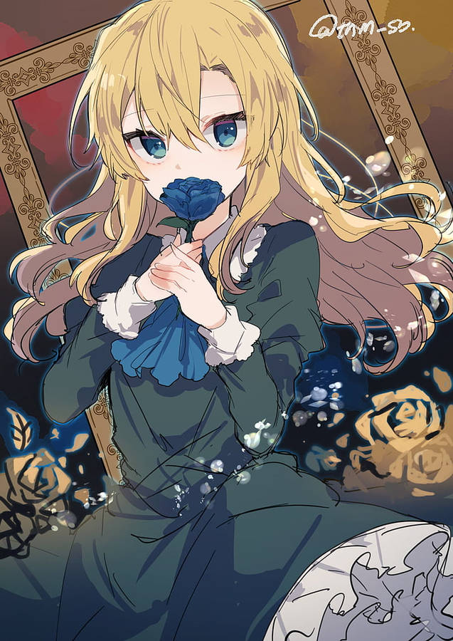 Blonde Anime Girl With Blue Flower Iphone Wallpaper