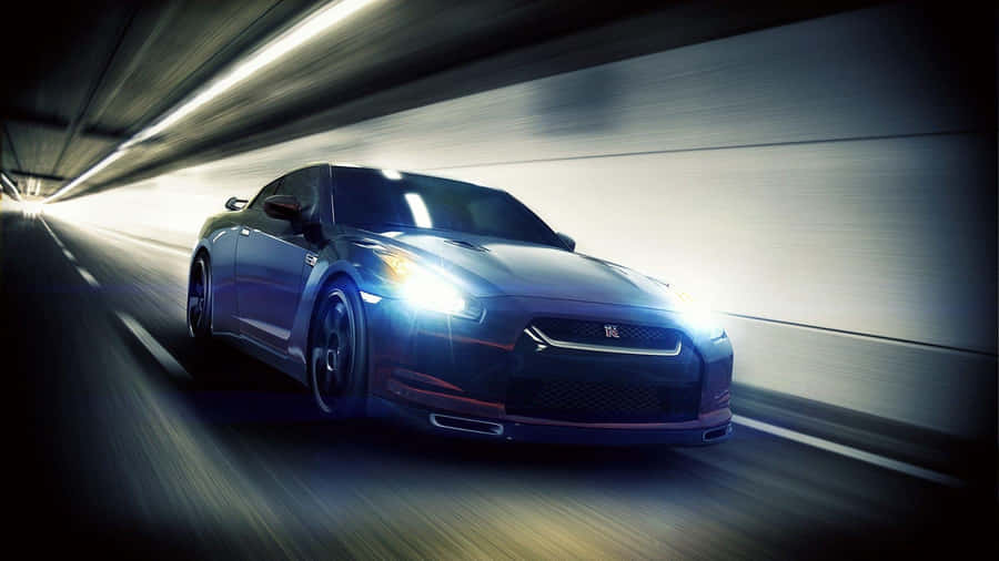 Blue Gt-r Desktop Speeding Along Tunnel Wallpaper