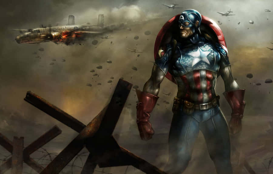 Captain America Standing In Front Of A Plane Wallpaper