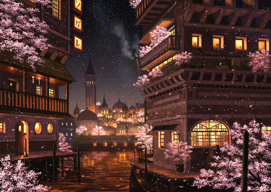Cherry Blossoms Anime Scenery Night Buildings Wallpaper