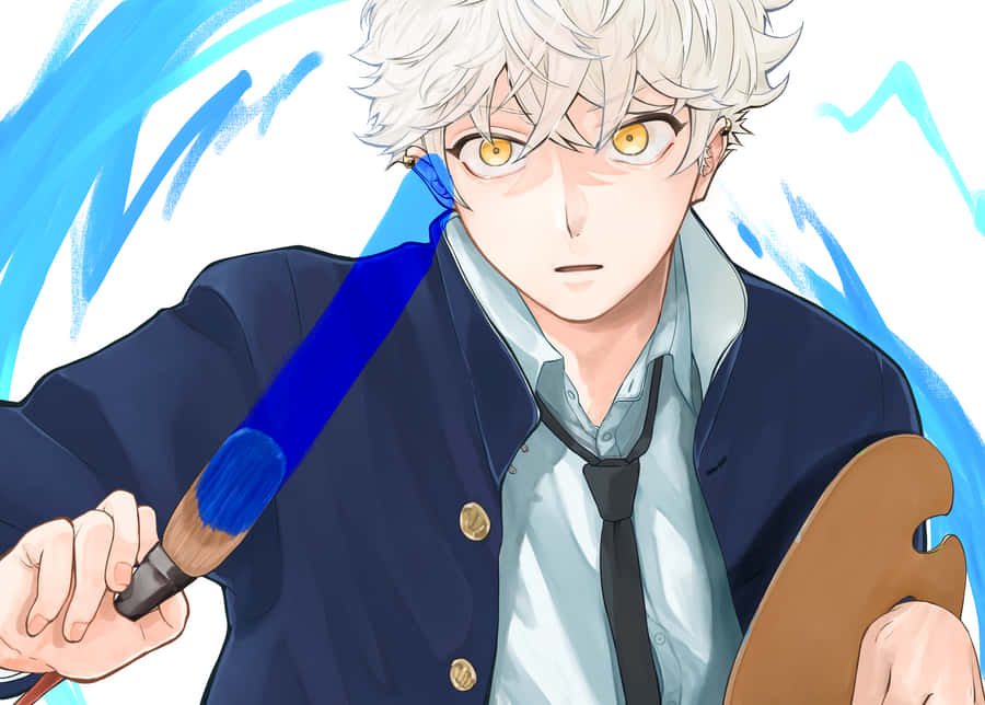 Cool Anime Man Blue Brush White Hair Wallpaper