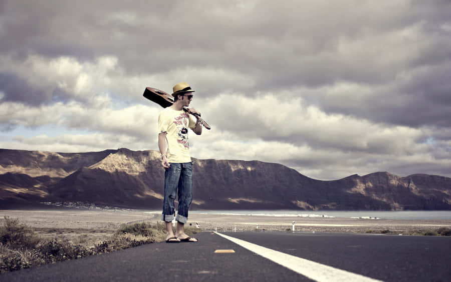 Cool Sad Boy Alone With Guitar Wallpaper