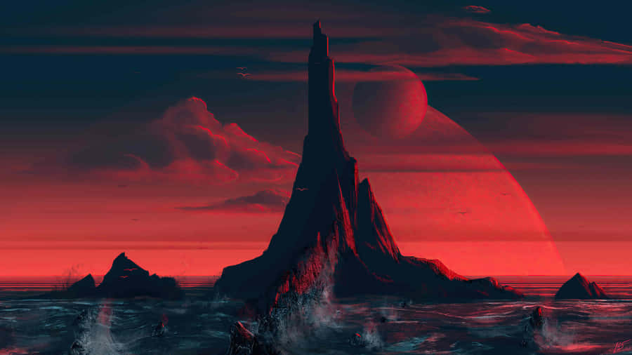 Crimson Eclipse Mountain Art Wallpaper