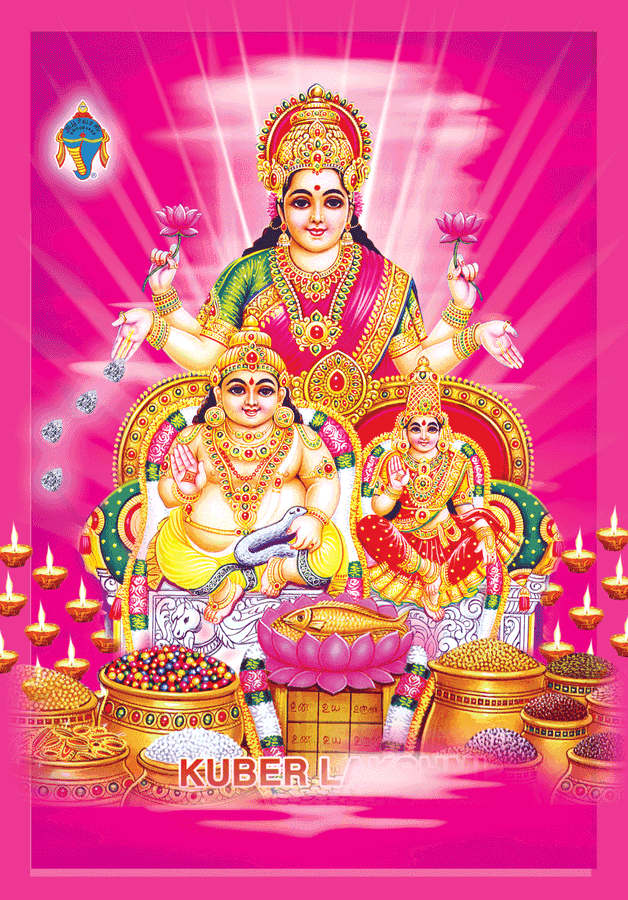 Divine Goddess Lakshmi Accompanied By Two Goddesses Wallpaper