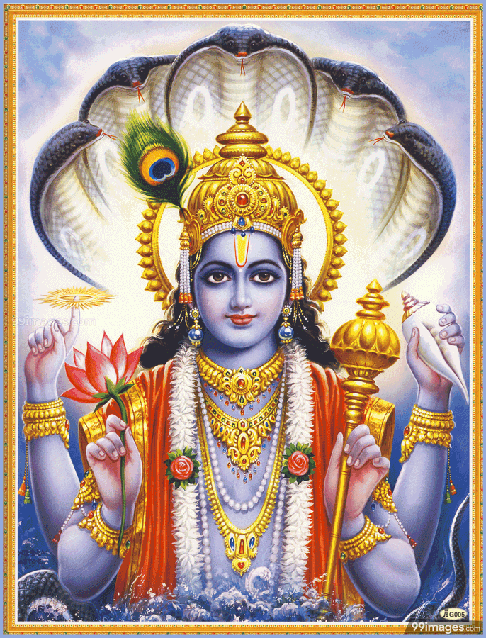 Divine Representation Of Lord Vishnu Holding A Lotus Flower Wallpaper