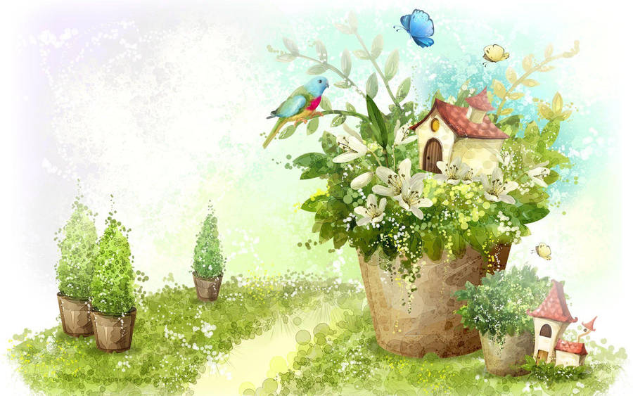 Embracing Tranquility: A Small House In A Lush Green Plant Artwork Wallpaper